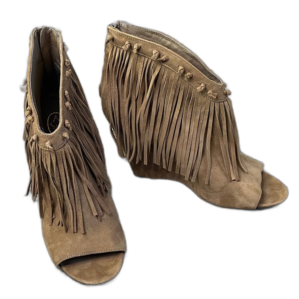 Ash Janis Brown Tan Suede Fringe Peep-Toe Wedge Booties Festival 40 US 9.5 10